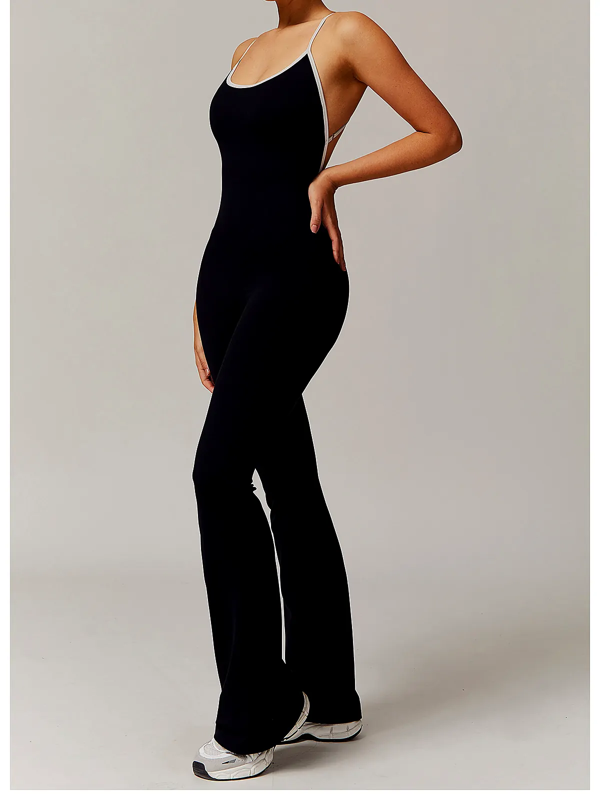 Cross-Back Flare Yoga Bodysuit — flatlock seam detail