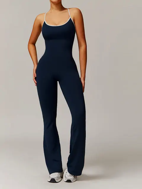 Cross-Back Flare Yoga Bodysuit front view in rhino grey