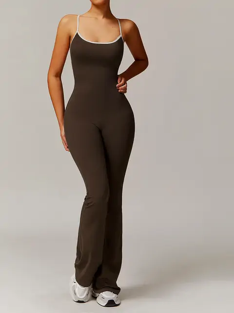 Cross-Back Flare Yoga Bodysuit front view in tea brown