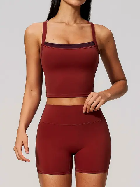 Cross-Back lounge yoga set in burgundy front view