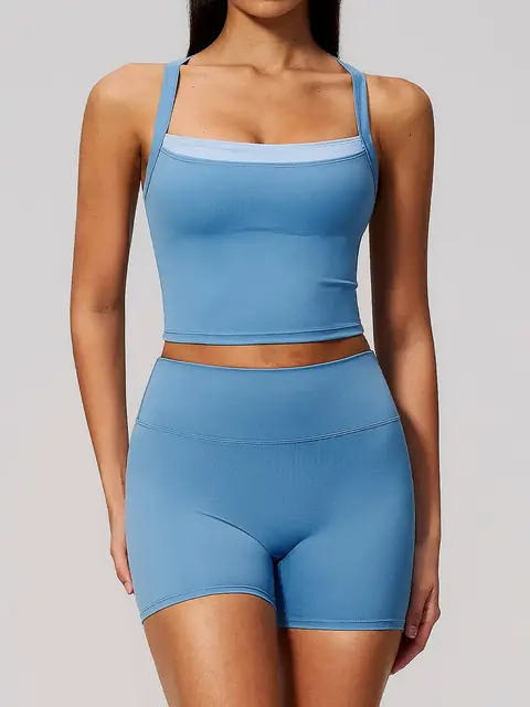 Cross-Back lounge yoga set in smoke blue front view
