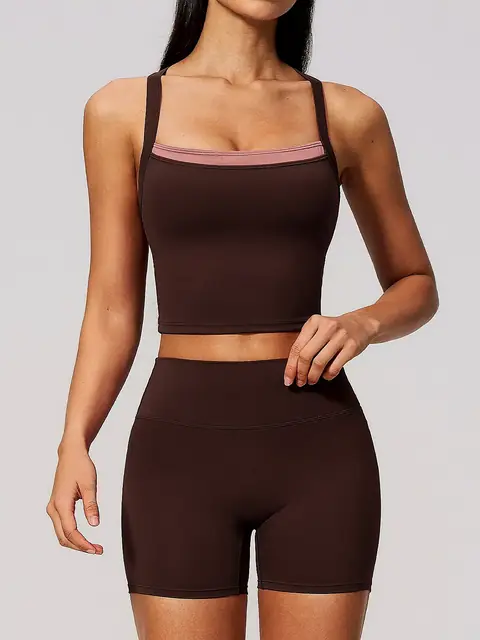 Cross-Back lounge yoga set in warm auburn front view