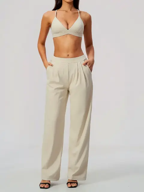 Cross-Back pilates yoga set in oat apricot front view