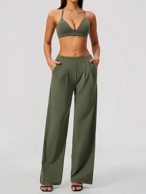 Cross-Back pilates yoga set in tea brown front view