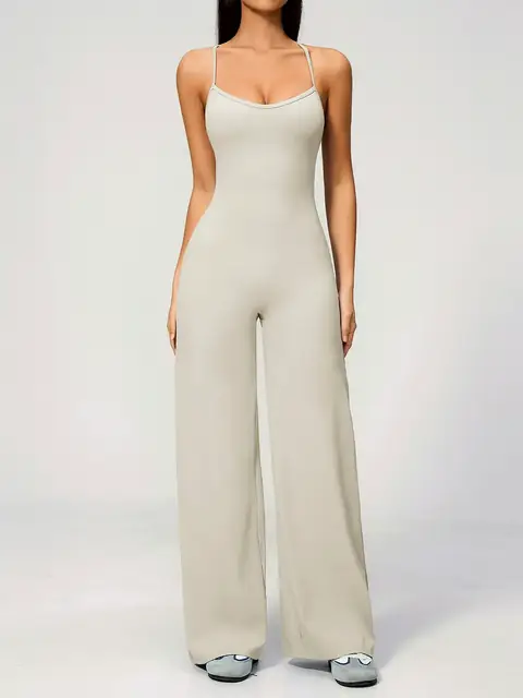 Brushed Cross-Back yoga bodysuit in almond grey front view