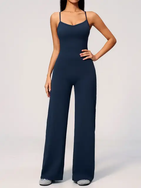 Brushed Cross-Back yoga bodysuit in emblem blue front view