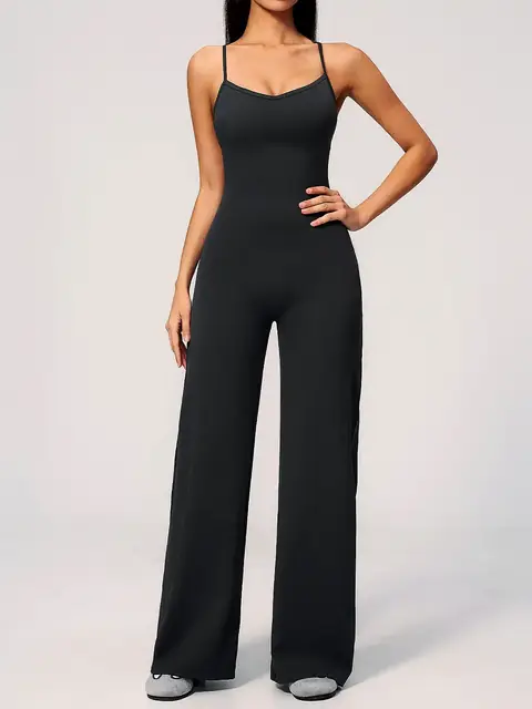 Brushed Cross-Back yoga bodysuit in premium black front view