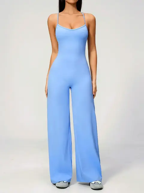 Brushed Cross-Back yoga bodysuit in sky blue front view