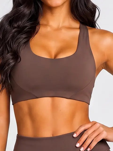 Deep-U padded yoga bra in auburn front view