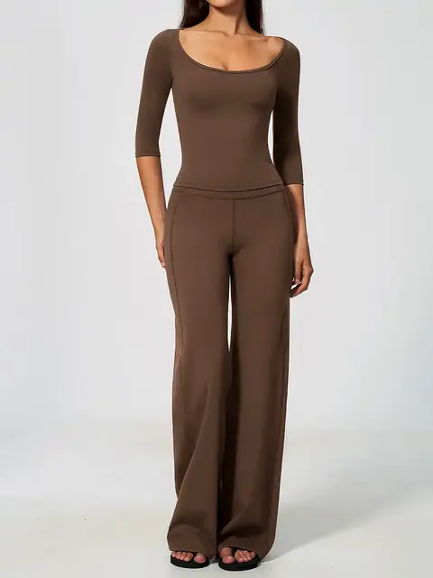 Deep-V halter sculpt yoga set in dark chocolate front view