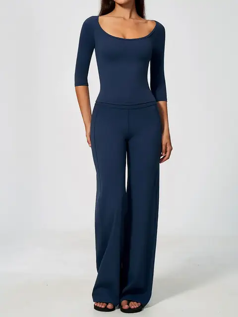 Deep-V halter sculpt yoga set in emblem blue front view