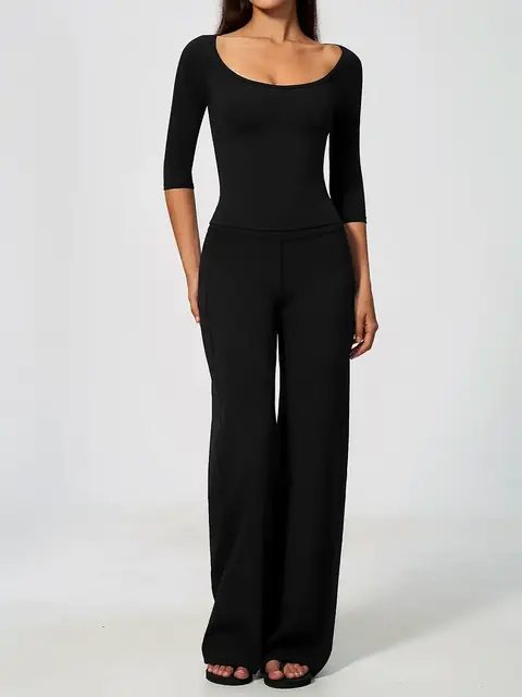 Deep-V halter sculpt yoga set in premium black front view