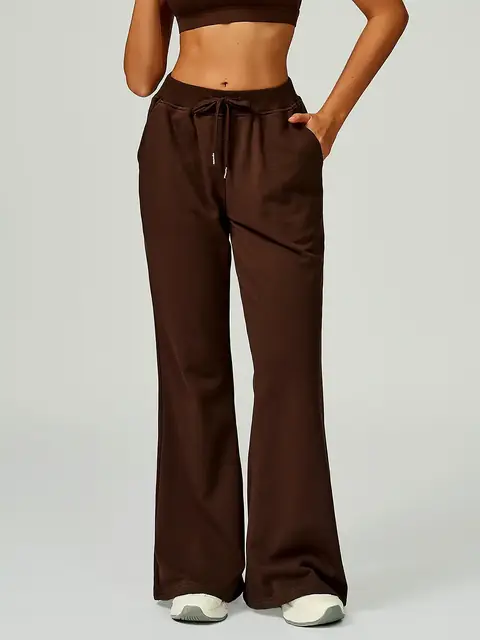 High-Waist drawstring straight pants in coffee front view