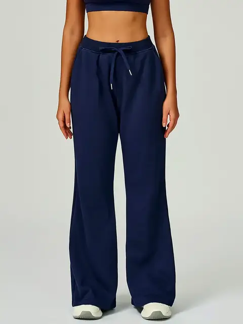 High-Waist drawstring straight pants in midnight blue front view