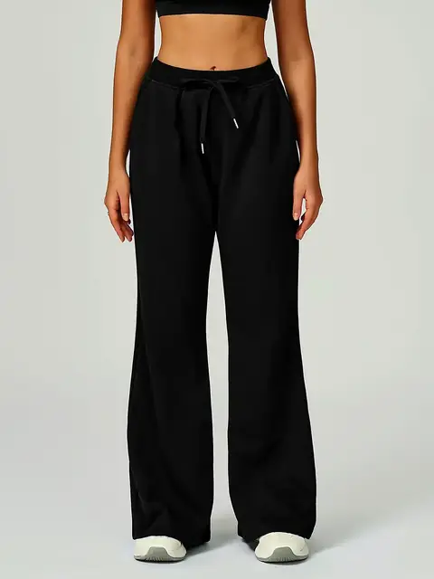 High-Waist drawstring straight pants in premium black front view