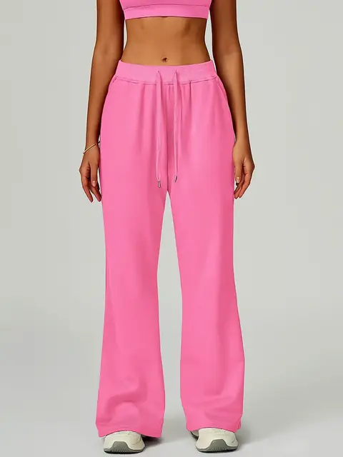 High-Waist drawstring straight pants in rose pink front view