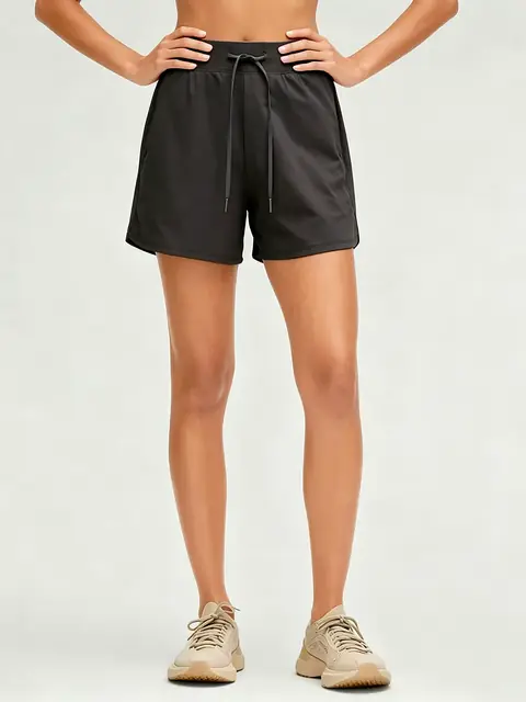 Drawstring zip yoga shorts in mocha front view