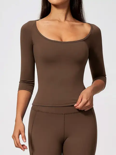 Elbow-Sleeve pilates training yoga top in auburn front view