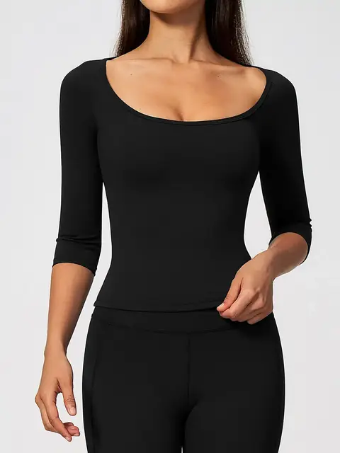 Elbow-Sleeve pilates training yoga top in dark chocolate front view