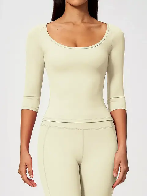 Elbow-Sleeve pilates training yoga top in oat apricot front view