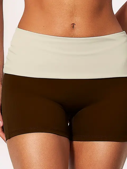 Fold-Waist Colour-Block yoga shorts in mocha front view