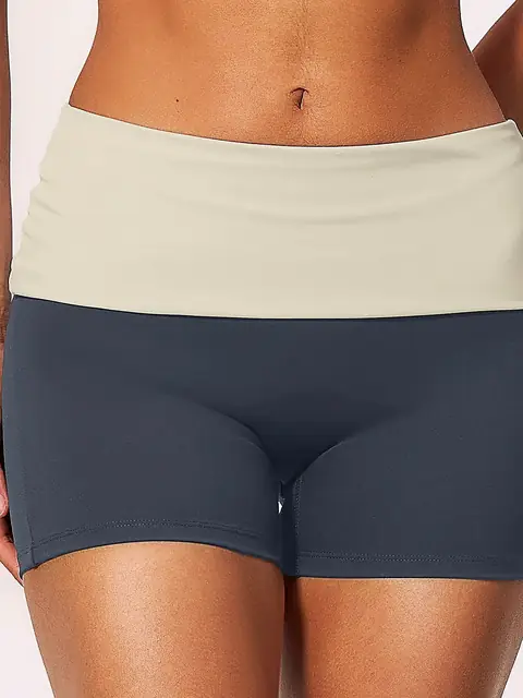 Fold-Waist Colour-Block yoga shorts in taupe front view