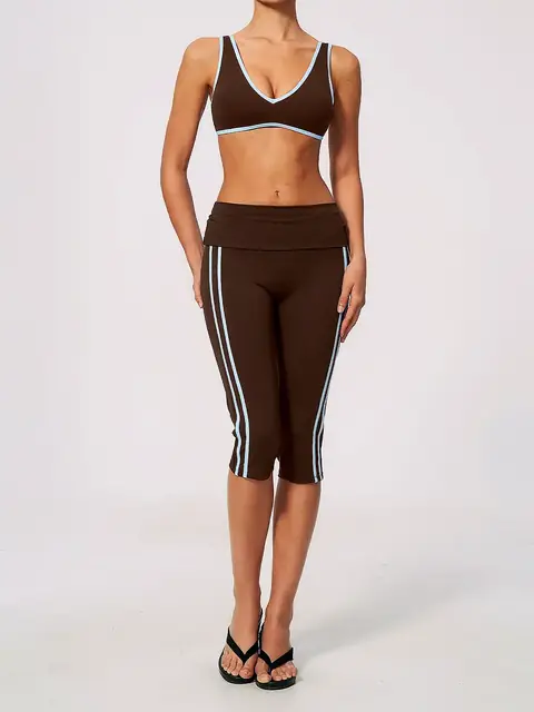 Fold-Waist Second-skin yoga set in auburn front view