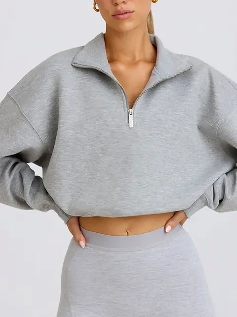 Half-Zip Stand-Collar lounge sweatshirt in heather grey front view