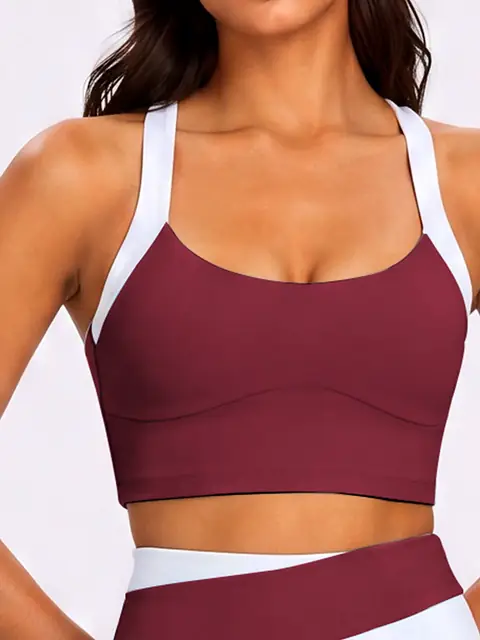 Halter Colour-Block padded yoga bra in auburn front view