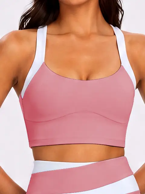Halter Colour-Block padded yoga bra in peach pink front view