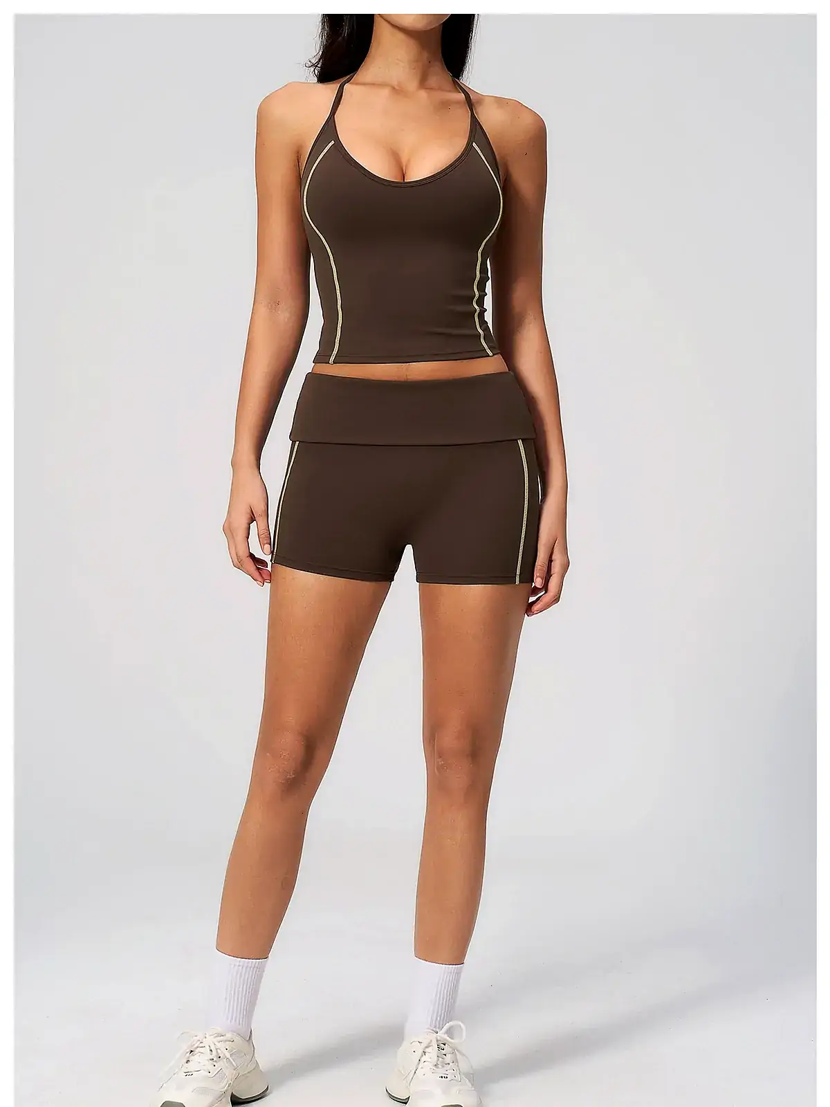 Halter V-Neck Fold-Waist yoga set back seam construction