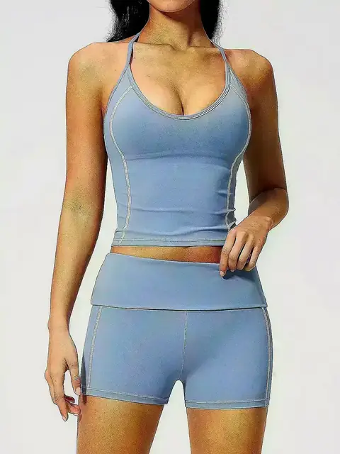 Halter V-Neck Fold-Waist yoga set in mist blue front view