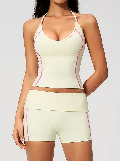 Halter V-Neck Fold-Waist yoga set in retro apricot front view