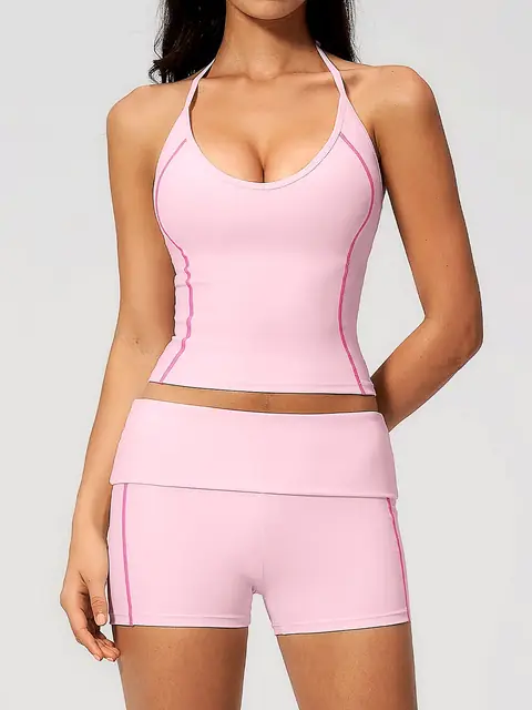 Halter V-Neck Fold-Waist yoga set in rose pink front view
