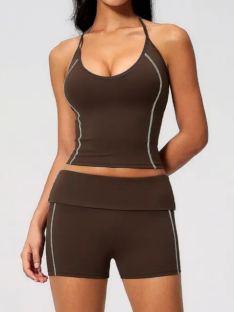 Halter V-Neck Fold-Waist yoga set in tea coffee front view