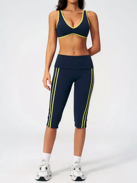 High-Stretch Fold-Waist yoga set in navy front view