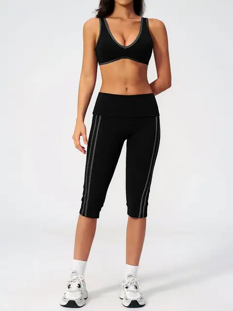 High-Stretch Fold-Waist yoga set in premium black front view
