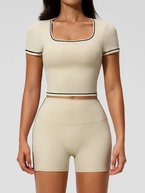 High-Waist Quick-Dry yoga set in cream apricot front view