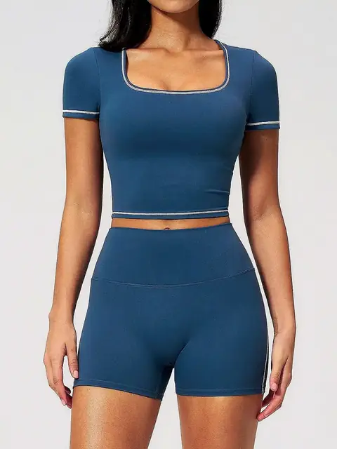 High-Waist Quick-Dry yoga set in deep blue front view