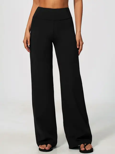 High-Waist Wide-Leg yoga pants in premium black front view