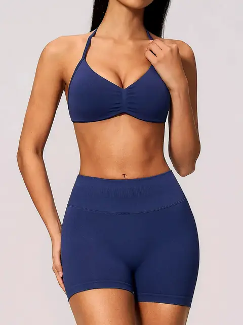 Lycra seamless Open-Back yoga set in dusk mist blue front view