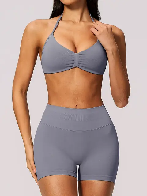 Lycra seamless Open-Back yoga set in smoke blue front view