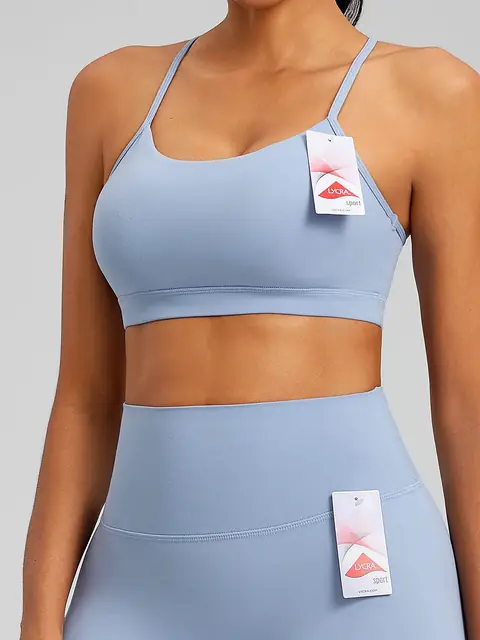 Lycra High-Support Cross-Back yoga tank in heather grey front view