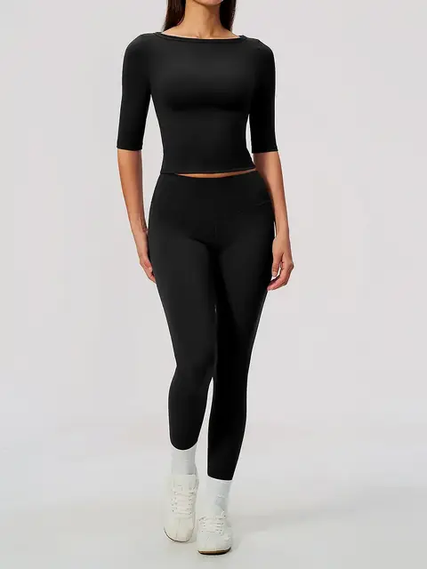 Mid-Sleeve Peach-Lift yoga set in dark chocolate front view