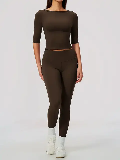 Mid-Sleeve Peach-Lift yoga set in mocha front view
