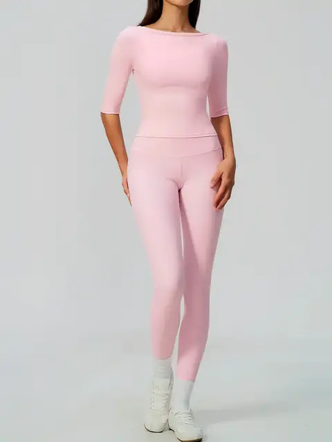 Mid-Sleeve Peach-Lift yoga set in mousse pink front view