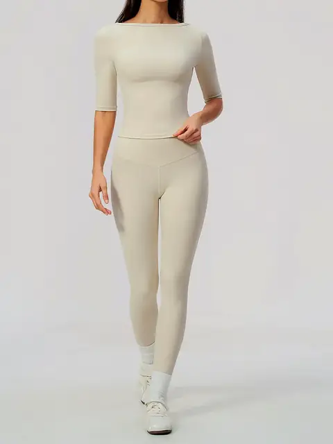 Mid-Sleeve Peach-Lift yoga set in oat apricot front view