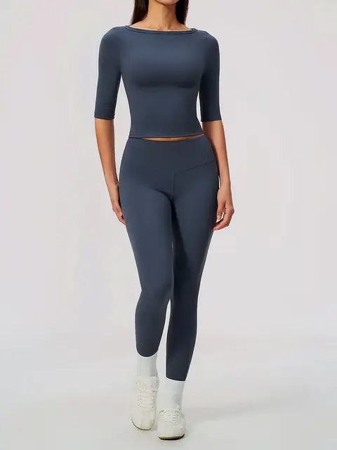 Mid-Sleeve Peach-Lift yoga set in rhino grey front view