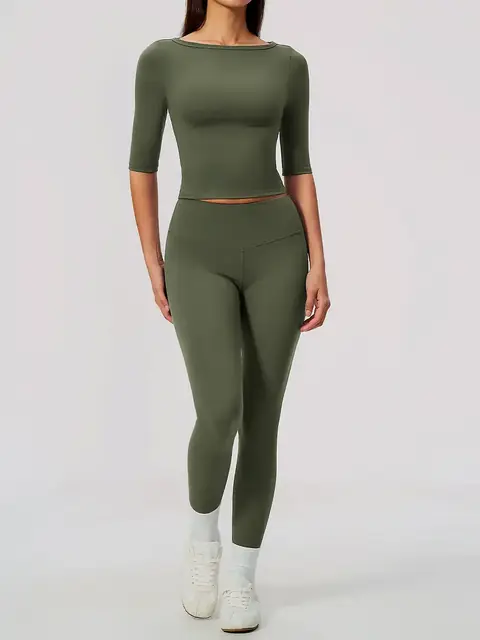 Mid-Sleeve Peach-Lift yoga set in tea brown front view