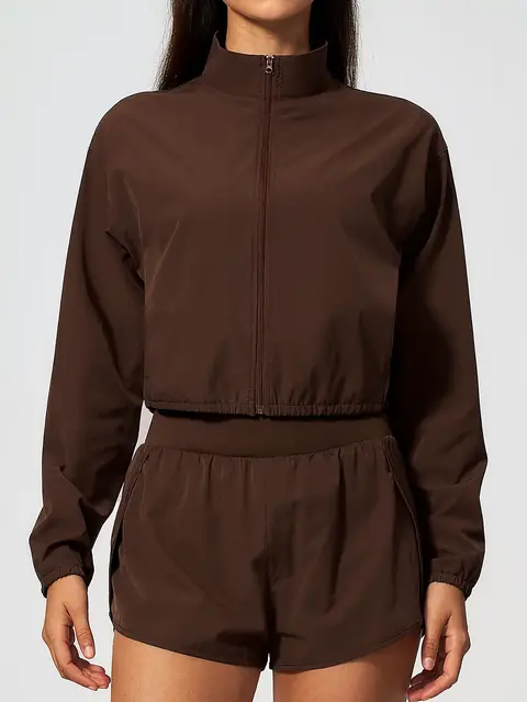 Mock-Collar zip crop jacket in dark chocolate front view